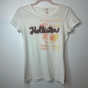 Hollister Women’s Vintage Y2K Logo Tee White Brown Orange Size L Large